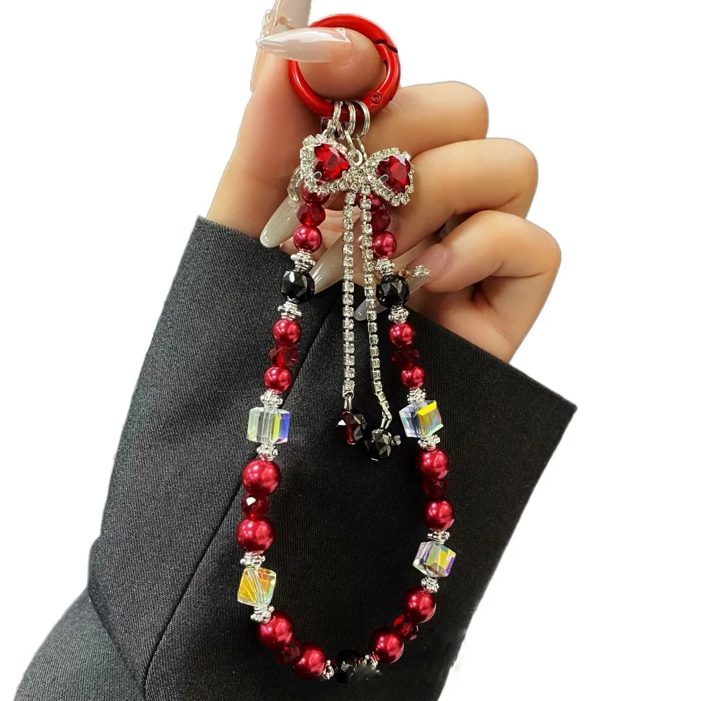 Pearl Rhinestone Phone Lanyard Bow Pendant Cellphone Chain Rhinestone Phone Straps Short High Luxury Rhinestone Phone Rope