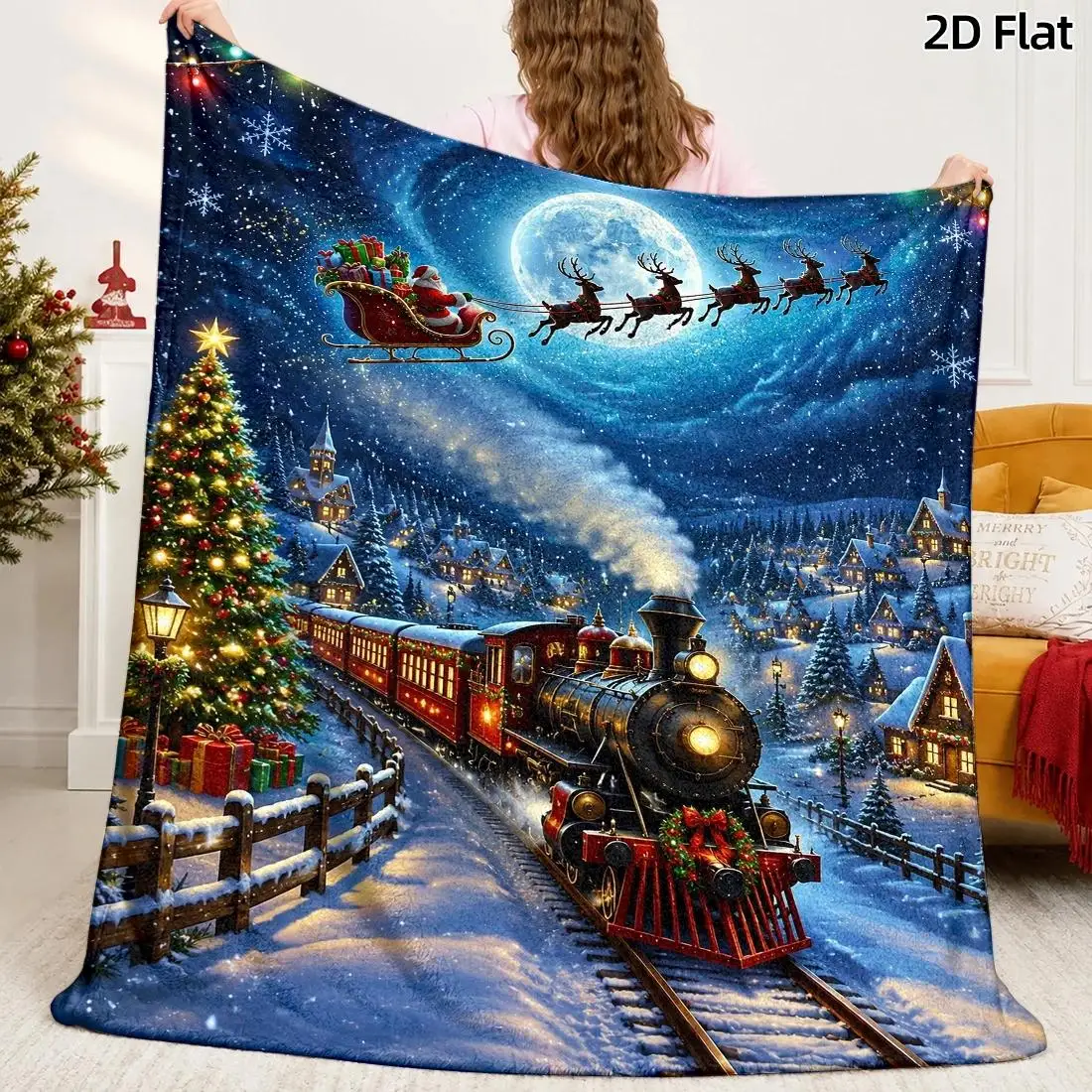 1pc 2D Flat Throw Blanket, Flying Donkey & Christmas Night Sky, Whimsical Santa & Train, Festive Red Decor Blanket