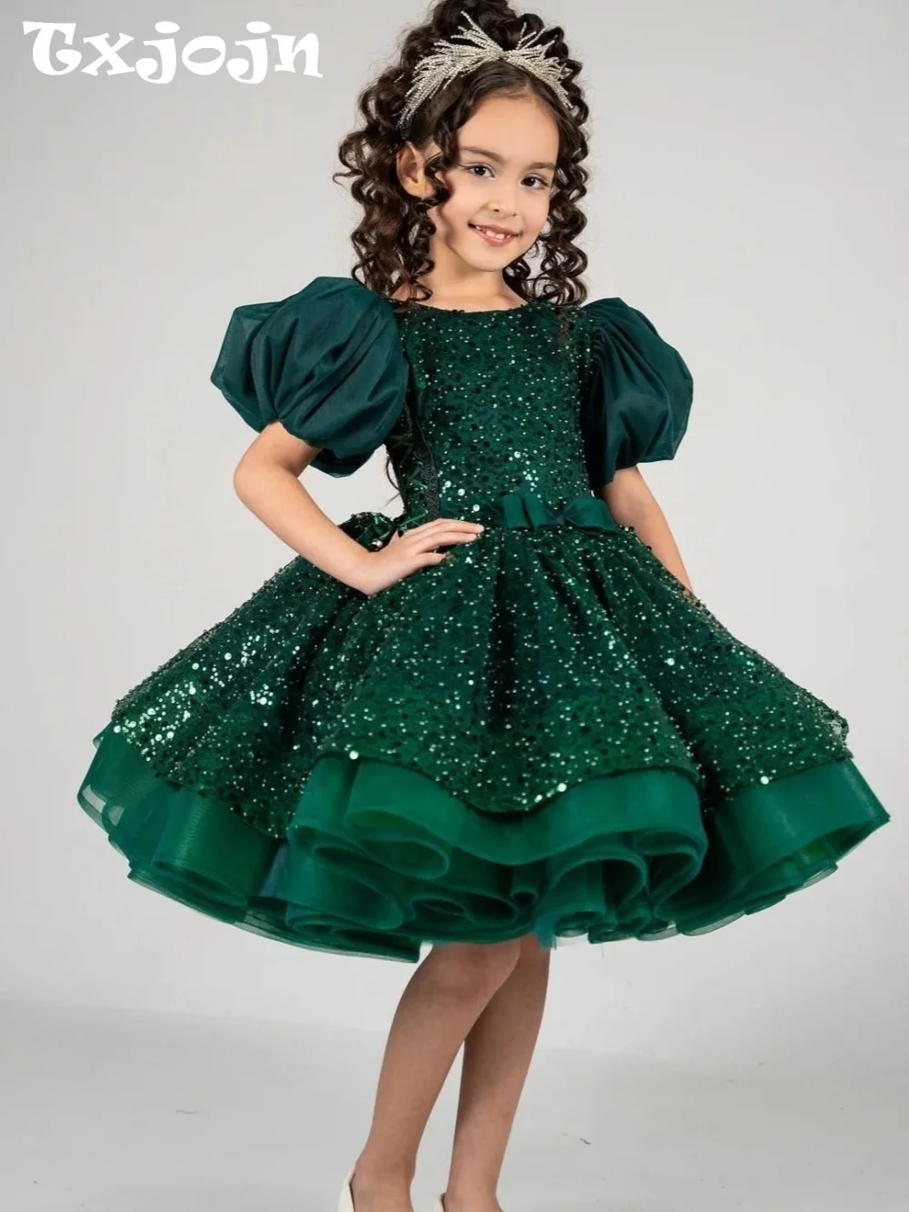 Girls Emerald Green Sequin Princess Dress Puff Sleeve Layered Tulle Skirt Bow Decor Formal Party Gown for Kids Dancing Wear