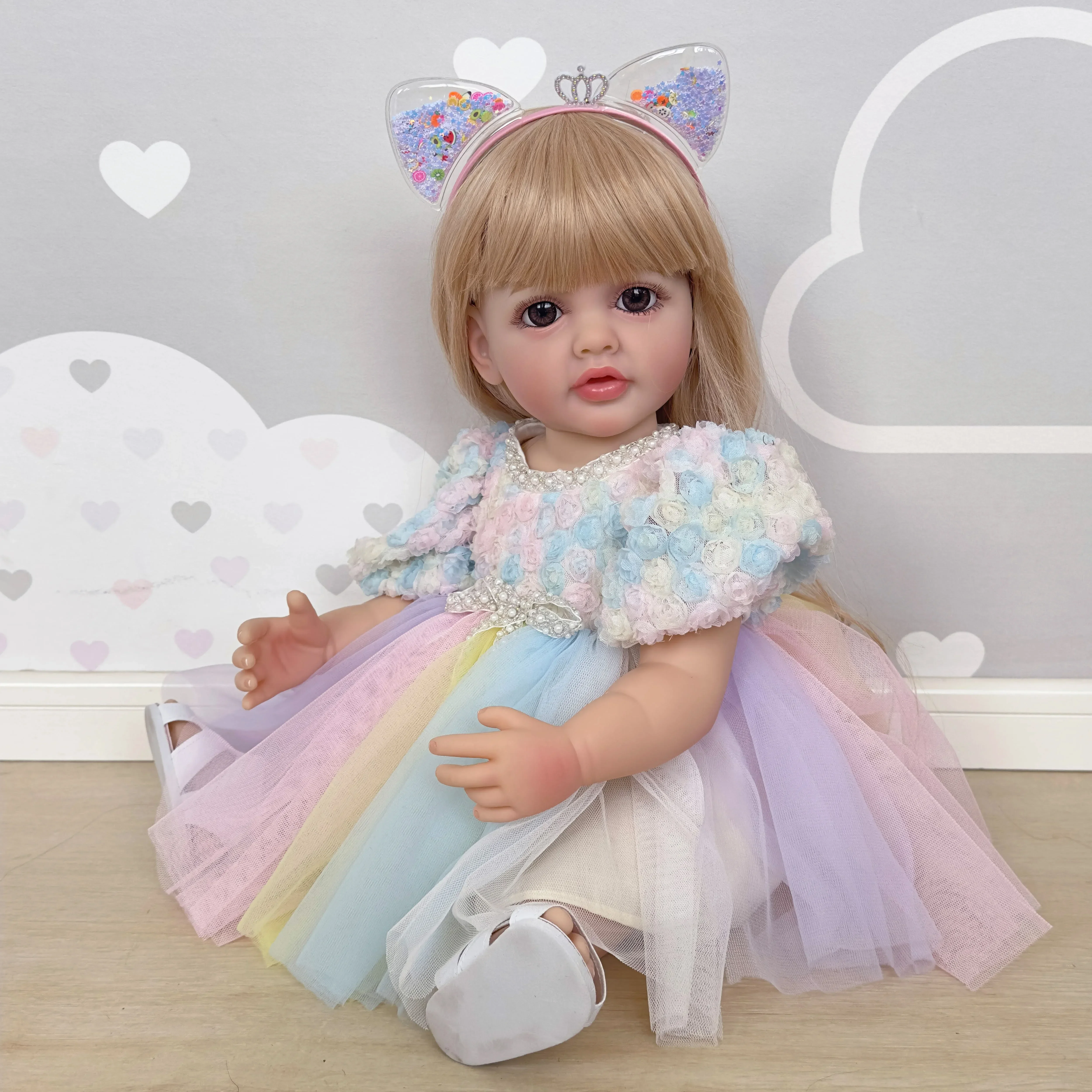 22inch Betty Newborn Full body Silicone Vinyl Reborn Lifelike Toddler Stand Girl Doll Princess with Long Blond wig Hair