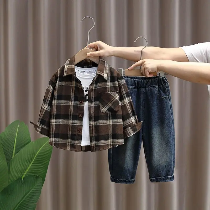 Children's Spring Collection 2026 New style Cool Boys' plaid clothes Spring and autumn shirt Baby two-piece set