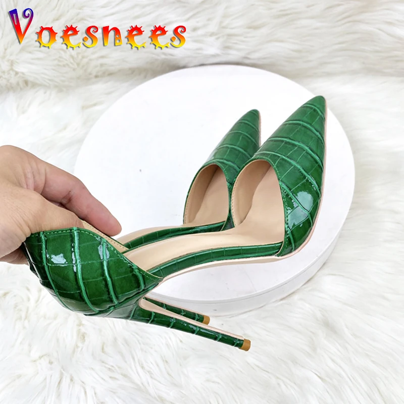 

Office Closed Pointed Toe High Heels 12CM Sexy Side Empty Summer Sandals Fashion Crocodile Patterned Elegant Women Shoes Green