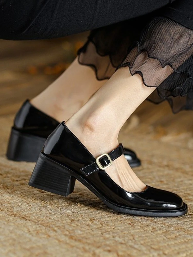 2022 Autumn Solid Medium Heels Sandals Office Ladies Buckle Casual Korean Style Pumps Non Slip Soft Elegant Shoes Woman Vintage