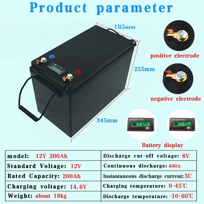 12V 200Ah LiFePO4 battery pack 1200W motor High power With BMS12.8V E-boat Hovercraft RV Car starter Home inverter Solar Storage