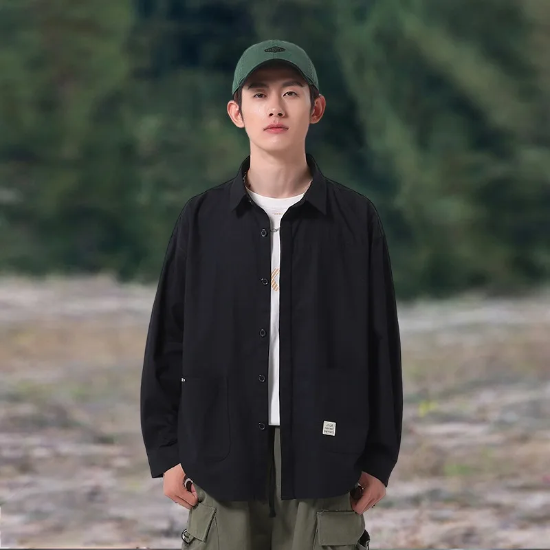 

Men's Oversized Khaki Cotton Shirt Jacket Long Sleeve Button Down Utility Pocket Casual Streetwear Outerwear