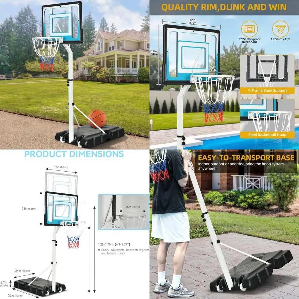 Sistema de aro de baloncesto portátil: fácil ajustable de 4,1 a 5,7 pies, ideal para diversión junto a la piscina y varias edades