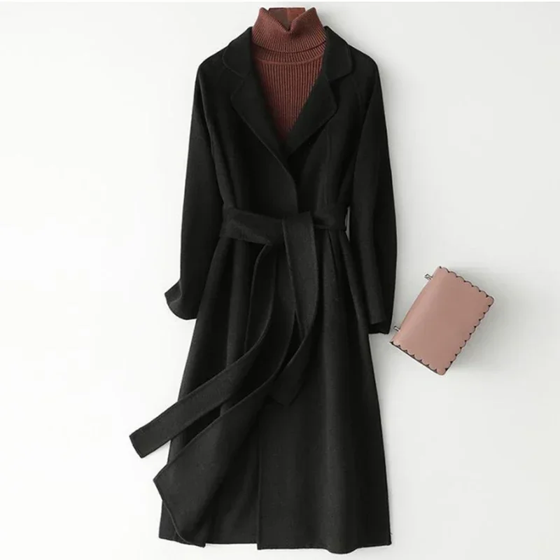 2024 Winter Female Designer Lace Up Bowknots Mid-Long Thermal Woolen Coat Lady Fashion Concise Solid Color Daily Coat Jackets