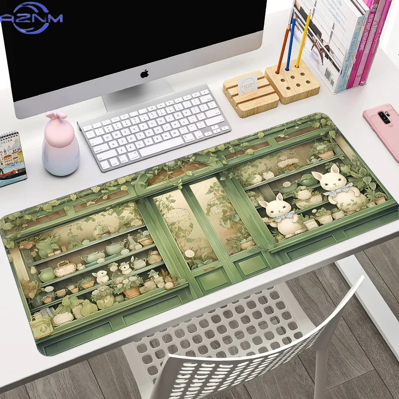 Green Window‑sill Bunny Print Extended Mouse Pad, Cute Forest Rabbit Non‑Slip Desktop Keyboard Mat