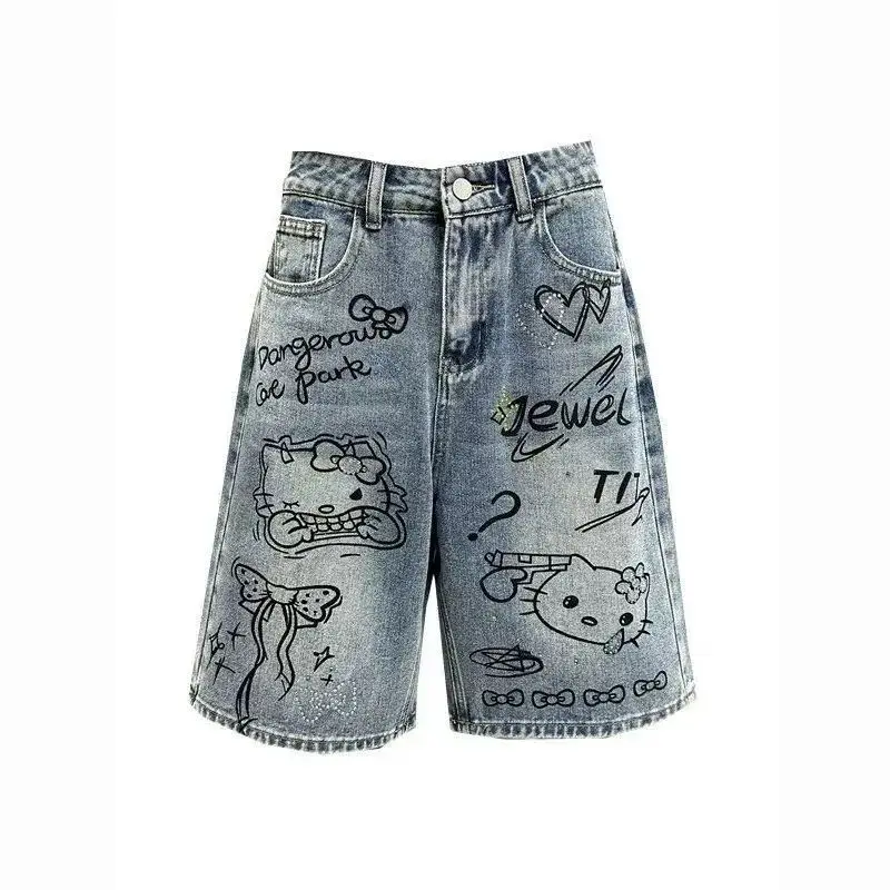 Straight-Leg Mid-Pants 2026 Summer Hello Kitty High-Waist Slim Wide-Leg Sanrio Hot Diamond Denim Five-Quarter Pants for Girls view 3