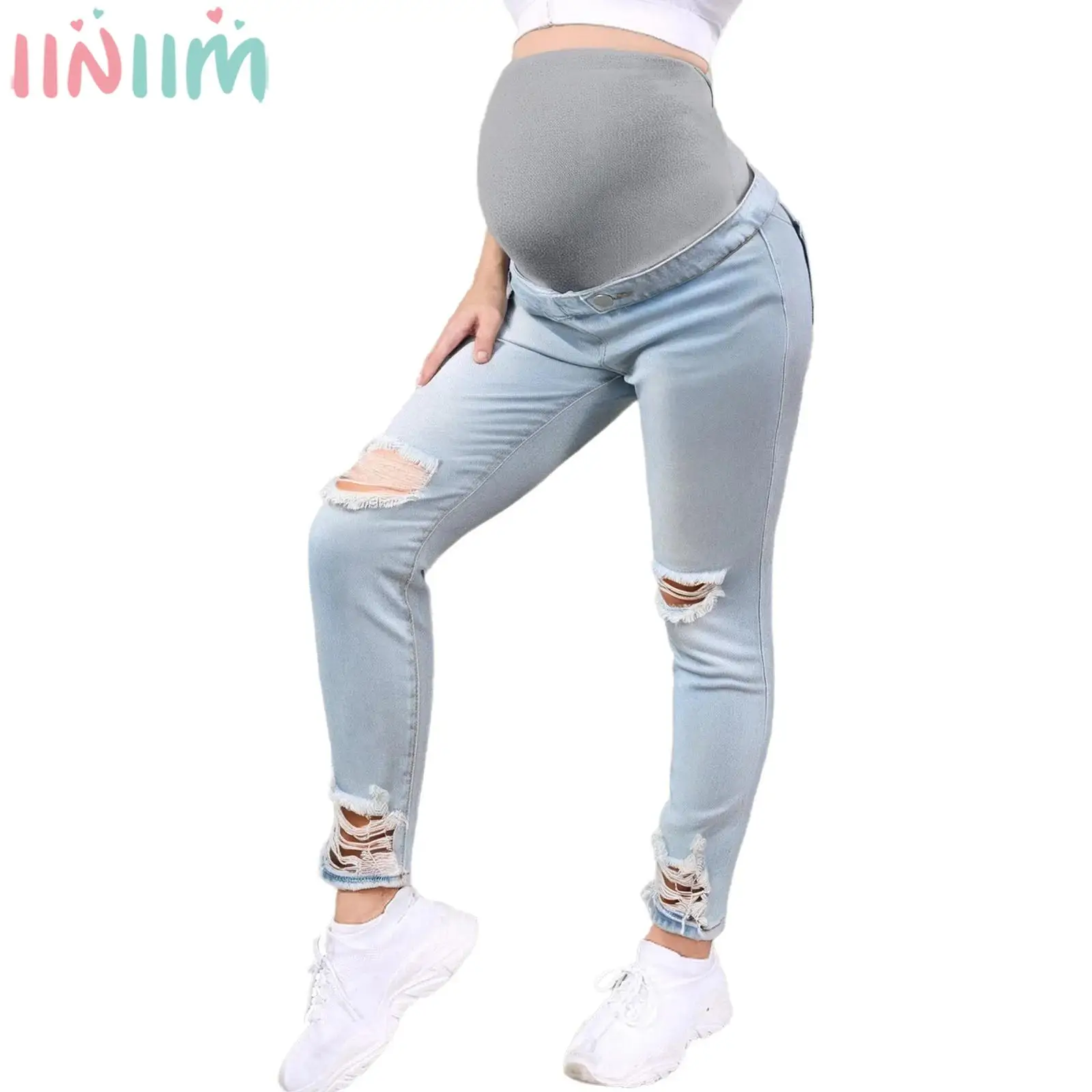 

Повседневные свободные рваные джинсы для беременных с высокой талией, поддерживающие живот, бедра, эластичные джинсовые брюки для беременных для повседневной работы, праздника