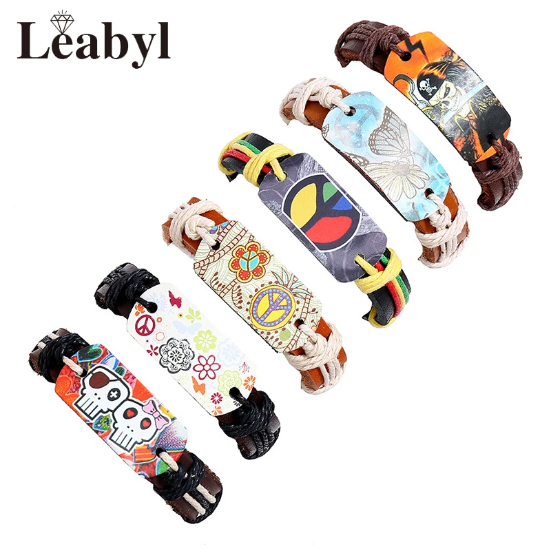 New In Hot Stamping Woven Hemp Rope Vintage Bracelet Colored Flower Partern Wrap Punk Bracelets for Men Boys Birthday Gift