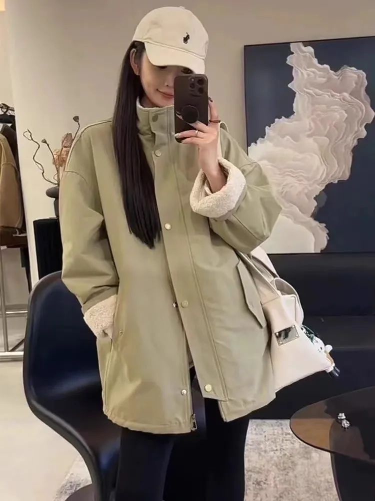 

Thiened Fce Women's Jaet Winter New Sle Stand Collar Parka Lamb Velvet Warm Cotton Top Long Sve Zipper Color