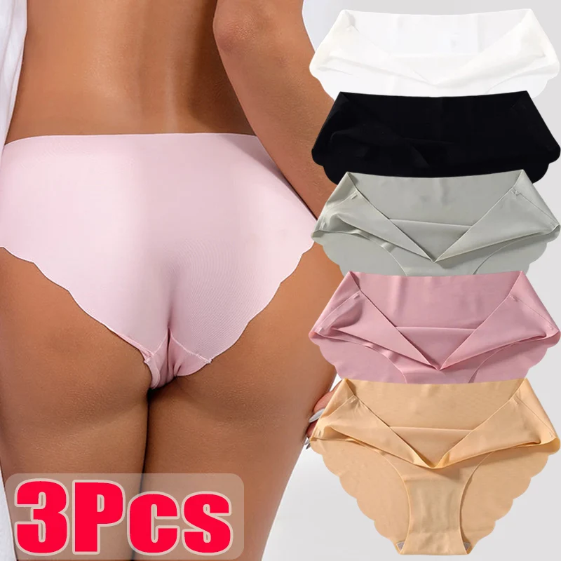 3pcs Women\'s Smooth Seamless Panties Ice Silk Ruffle Briefs Underpants Sexy Panties Lingerie Comfortable Satin Panty