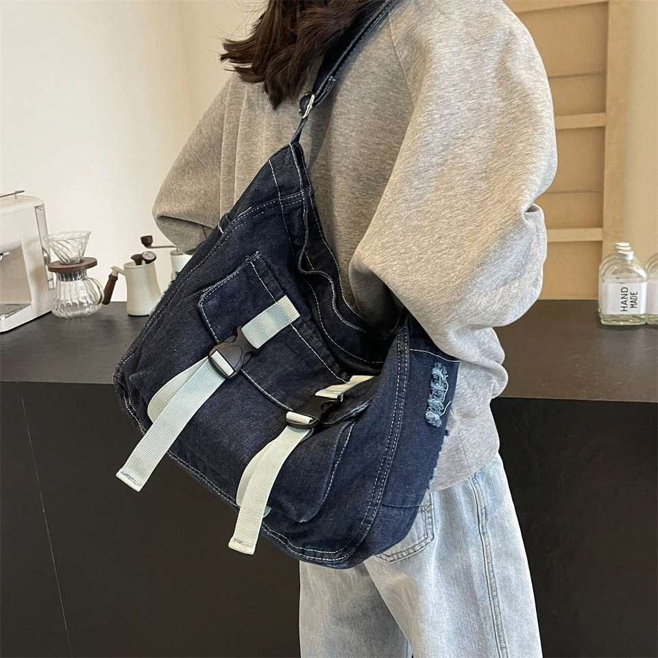 Denim Solid Fashion Shoulder Bags Zipper Women\'s Bags on Sale 2024 Wysokiej jakości nici do szycia Crossbody Bag Bolsas De Ombro