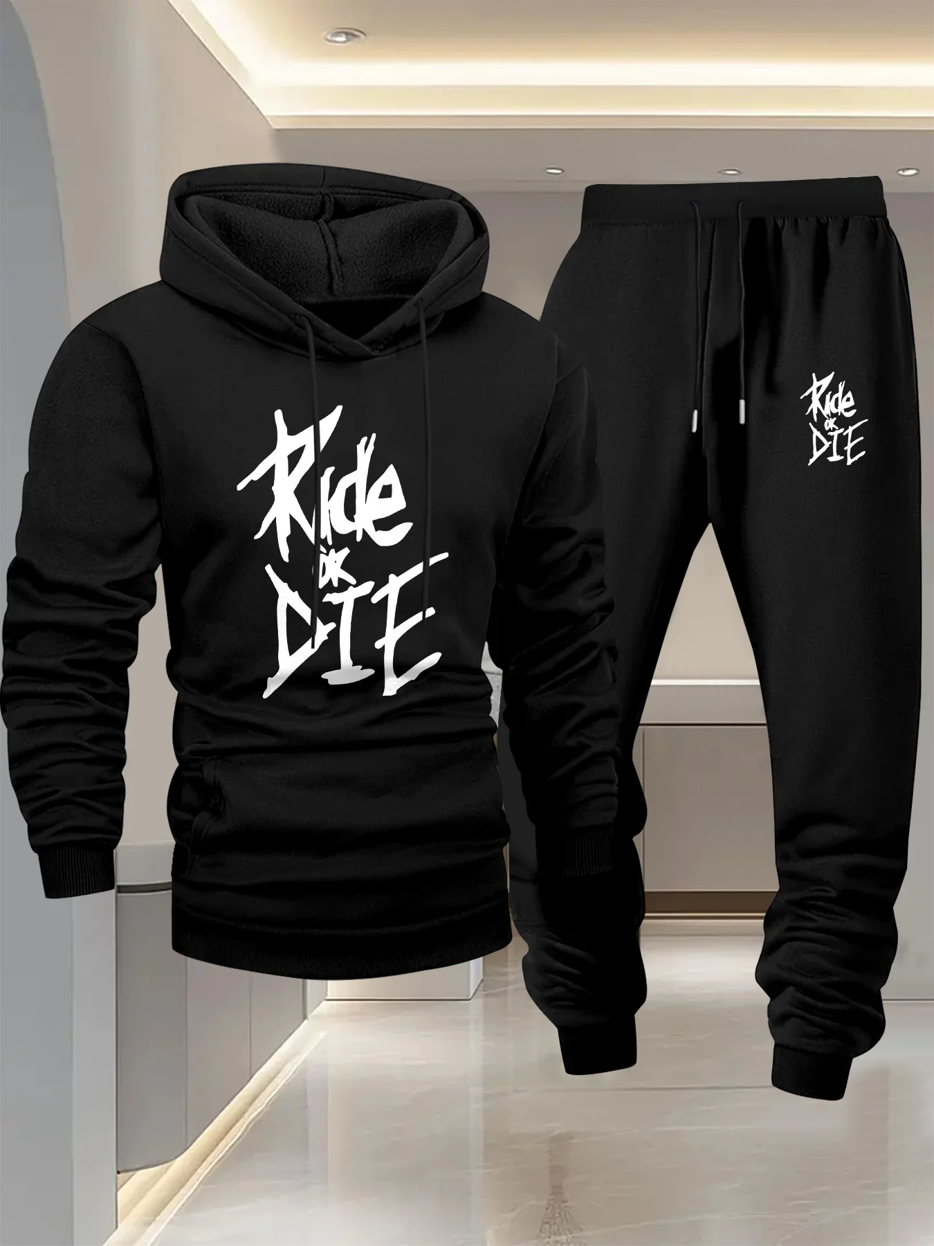 

Men's autumn and winter hooded sweatshirt set a trendy American high street style paired with a cool jacket and long pants set