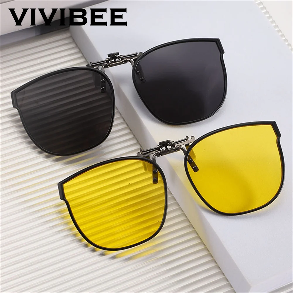 VIVIBEE Flip Up Clip On Sunglasses for Car Driving 52mm Polarized UV400 Big Size Anti Glare Lens Oversized Universal Clips