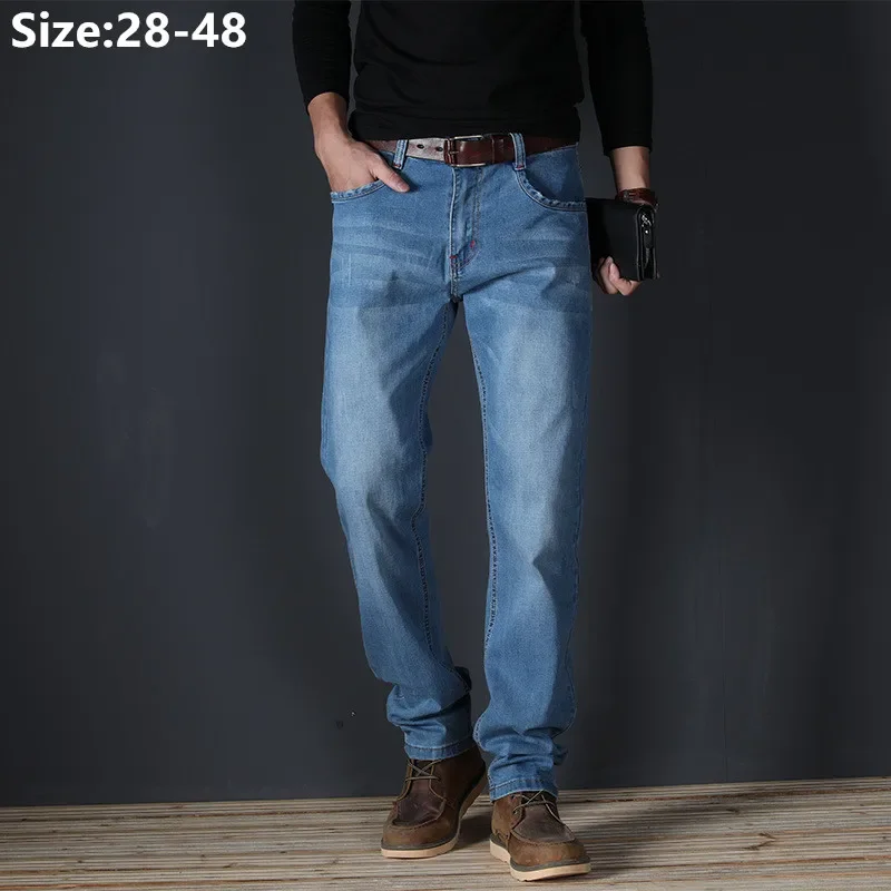 Plus Size Straight Jeans Men 48 46 44 Loose Black Light Blue Stretch Big Classic Slim Fit Brand Male Pants Elastic Denim Trouser