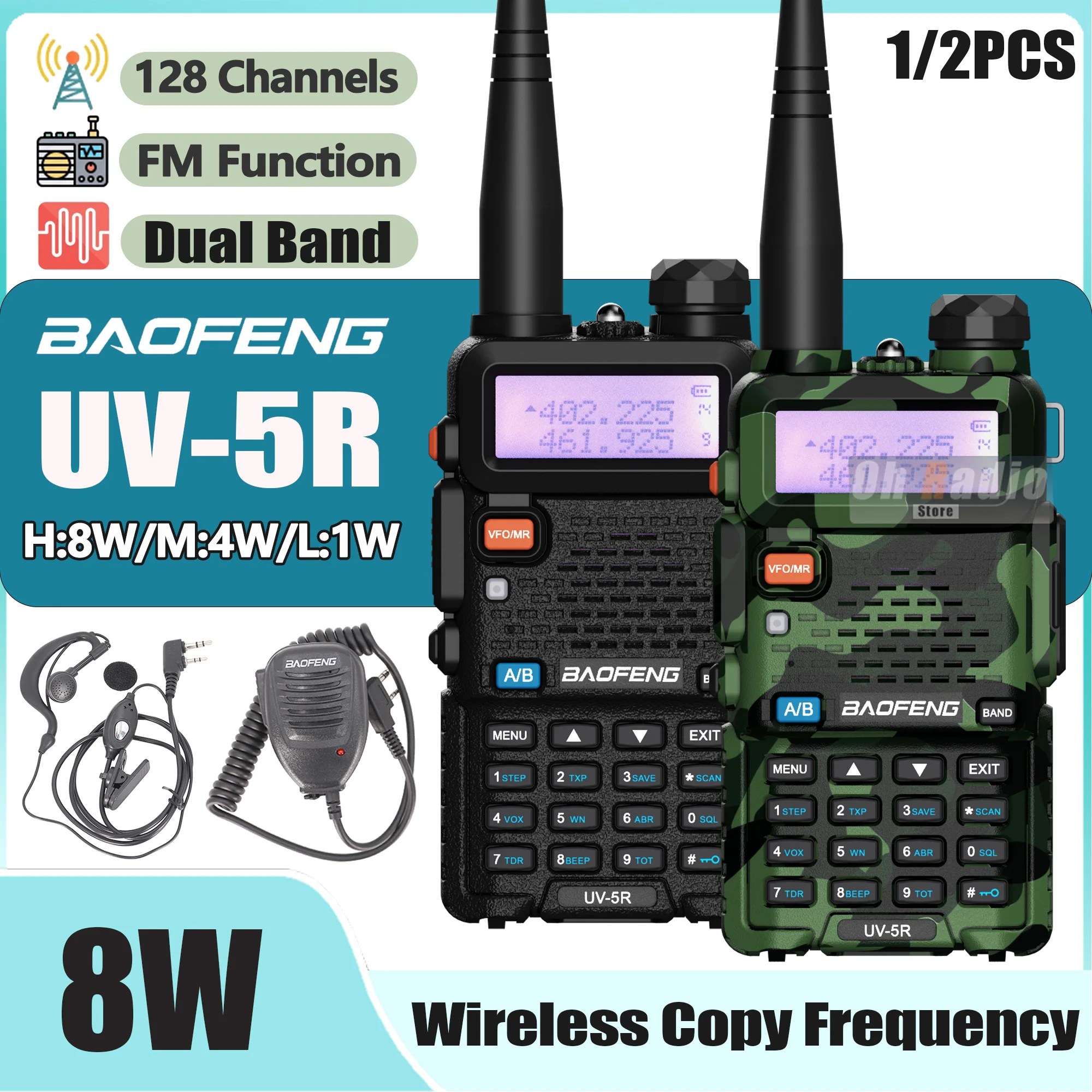 

1/2PCS Baofeng UV-5R Walkie Talkie 8W Black/Camo 128CH UV5R Handheld UHF/VHF Dual Band Portable Flashlight FM Ham Two Way Radio