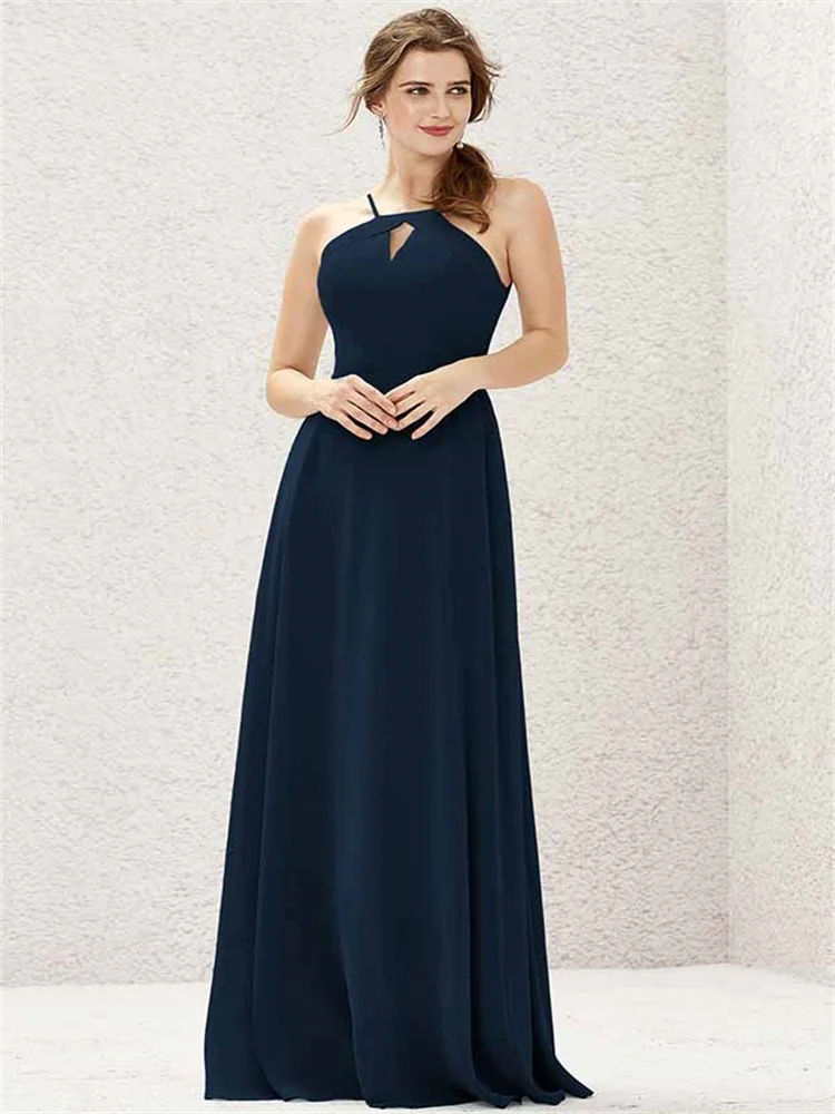 

Hot Selling Halter Neck Sleeveless Chiffon A-Line Bridesmaid Dress Elegant Open Back Zipper Floor Length Gown For Wedding Guest