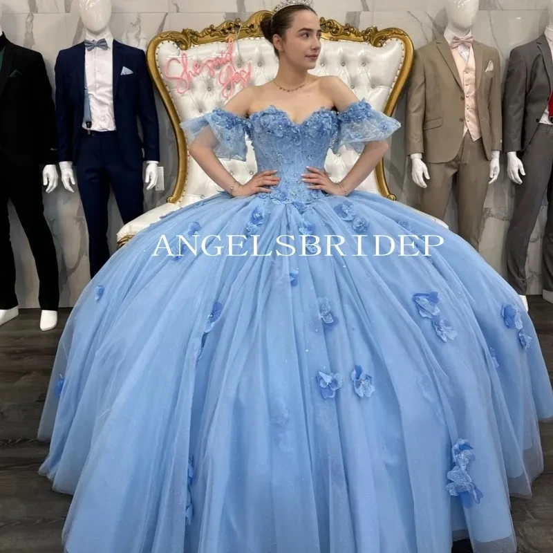 Angelsbridep-vestido De quinceañera azul con hombros descubiertos, vestido De flores 3D con apliques De cuentas, vestido De fiesta De cumpleaños De princesa De 15 Años