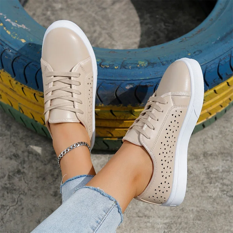 Women\'s Cutout Sneakers Summer New Lace-up White Shoes Plus Size Female Casual Flat Breathable Sports Ladies Vulcanized Shoes