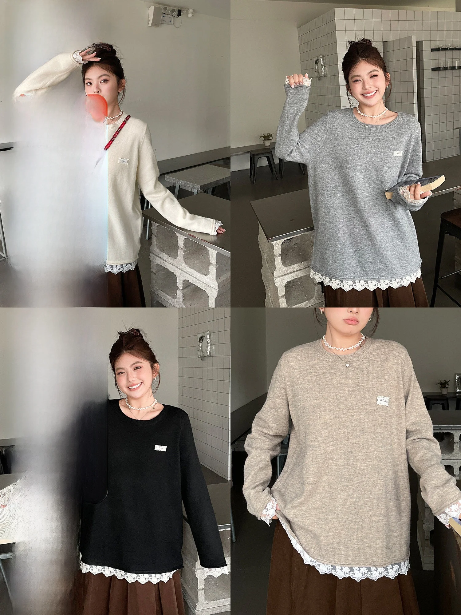 

Новый зимний уникальный красивый вязаный кружевной топ для женщин больших размеров в корейском стиле, мягкий свитер с круглым вырезом...