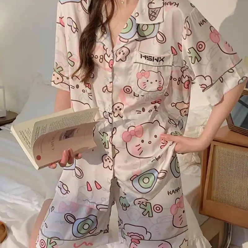 Kawaii Sanrio 헬로 키티 애니메이션 Kuromi 잠옷 여름 단순 패션 섬세한 귀여운 캐주얼 루즈 편안한 부드러운 여성용 세트 선물