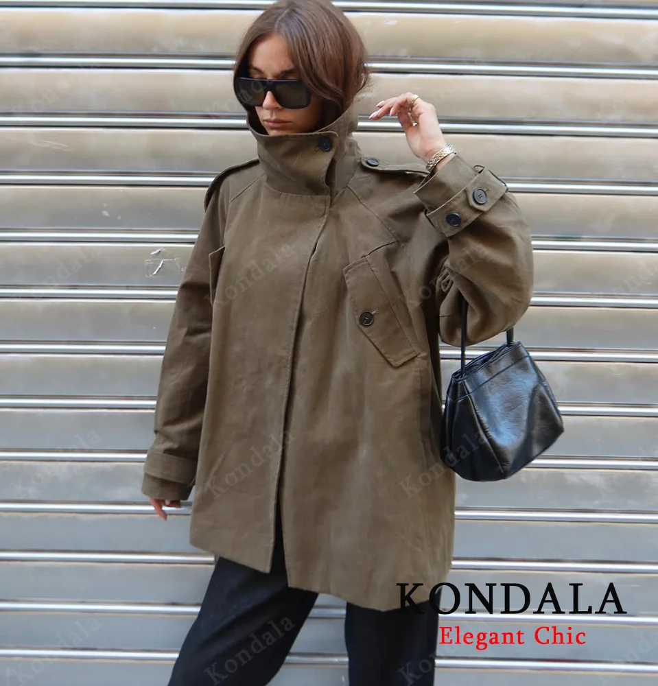 

KONDALA Women Fall Elegant Vintage Trench Coat Stand-up Collar Belt Coat 2025 Autumn Winter High Street Lady Stylish Windbreaker