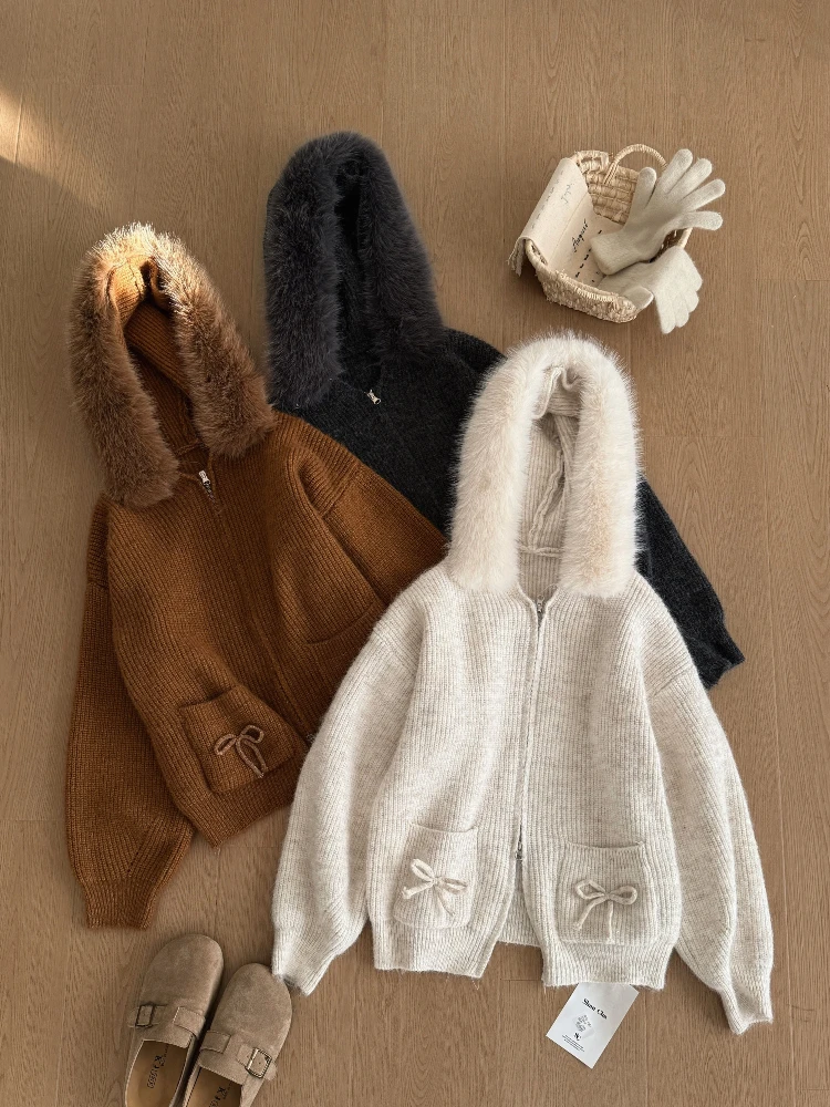 

Autumn Winter Retro Knit Hooded Coat Woman Faux Fur Long Sleeve Design Harajuku Cardigan Feamale Chic Korean Popular Clothes New