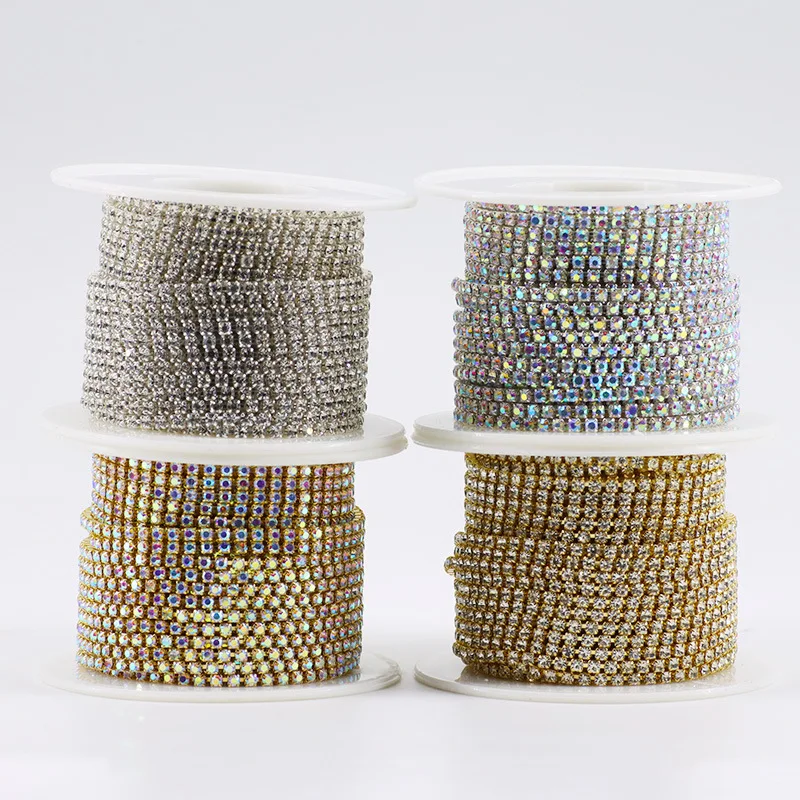 SS4.5-SS38(1.5mm-8mm) Clear Crystal AB Dense Rhinestone Cup Chain Sliver/Gold Claw Strass Rhinestone Chain Trim