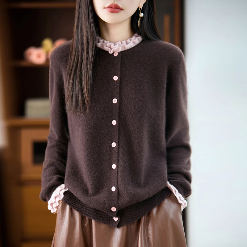 

Кардиган из 100% мериносовой шерсти с рюшами на воротнике, женский осенне-зимний мягкий и теплый вязаный модный джемпер с длинными рукавами, топы