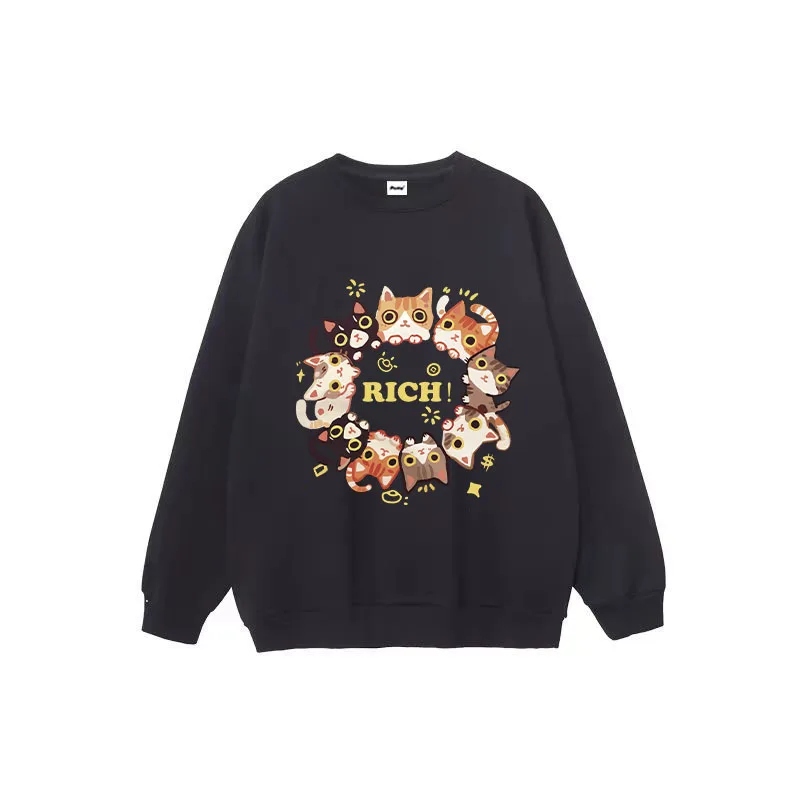 Autumn New American Oversized Clothes Casual Breathable Round Neck Sweatshirts Rich Cats Graphic Pullover