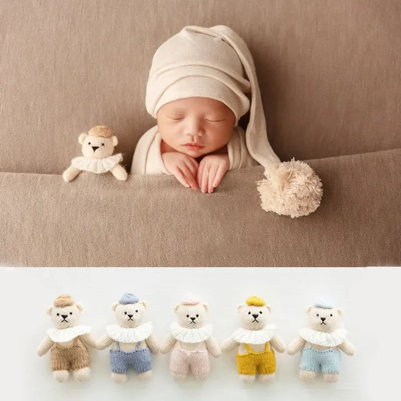 Newborn Photography Props Cute Cabinet Crochet Knitted Bear Toy Purely Handmade Animal Doll Baby Photo Shooting Accessories