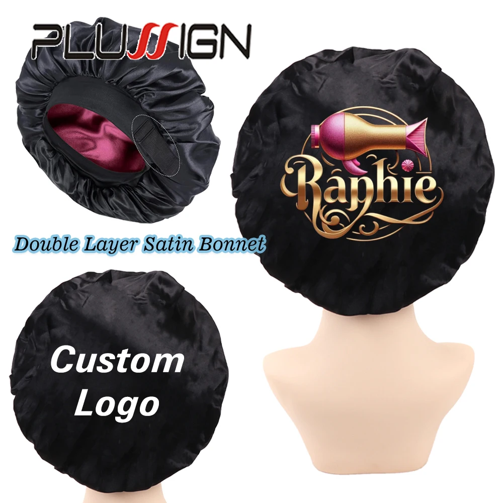 Plussign Custom Logo For Reversible Satin Bonnet 20Pcs Double Layer Satin Bonnet For Sleeping No Slip Hair Bonnet Soft Night Cap