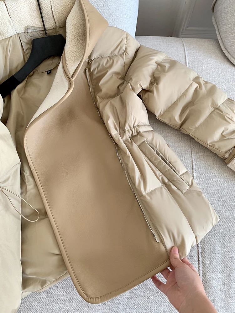 Schinteon Women Lambswool White Duck Down Jacket with Hood Autumn Winter Warm Outwear Casual Patchwork Coat European Style