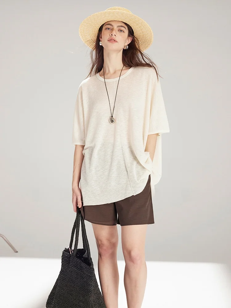 

Linen Knit Top Women's Loose Fit Casual Style Breathable Summer Spring Five-Quarter Sleeve round Neck Pullover