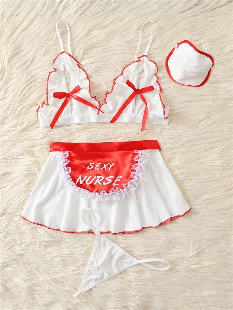 مثير فتاة ممرضة زي الساخن الحسية الملابس الداخلية 5 قطعة الملابس الداخلية المثيرة الأحمر القوس الصدرية الكشكشة تنورة شقي تأثيري الملابس الداخلية الموحدة #3