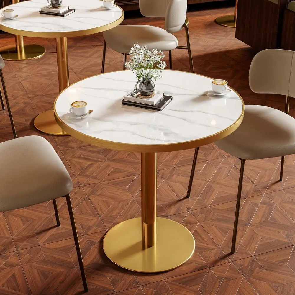 

Стол Tulip, круглый обеденный стол с толстой столешницей из спеченного камня (1,2 см) и золотистым металлическим основанием, подходит для столовой, бара.