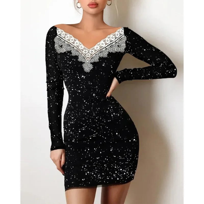 Sexy Bodycon Dress Women Slim-fit Hot Silver One-word Shoulder Hip Wrap Black Dress Long Sleeve Sheath Mini Sheath Evening Dress