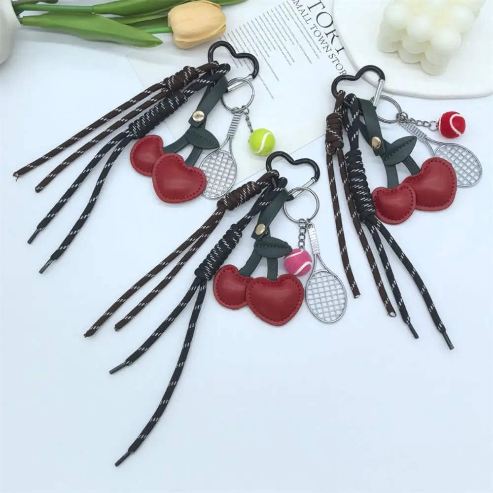 

Girl Heart Braided Rope Keychain Hand-Woven Handmade Cherry Shaped Bag Pendant Aesthetically Jewelry Tennis Racket Key Chain