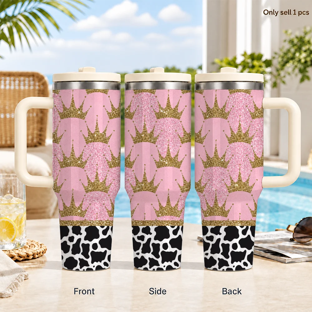 Cowhide Crown Print Vacuum Flasks 40oz Leakproof Insulated Tumbler with Handle Straw Lid, Stainless Steel Double Wall Travel Cup