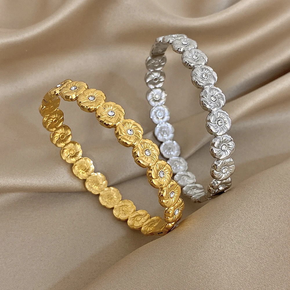 

Exquisite Flower Stainless Steel Bangle Bracelet for Women Elegant Inlaid Zircon Gold Color Open Bangle Jewelry Gift New