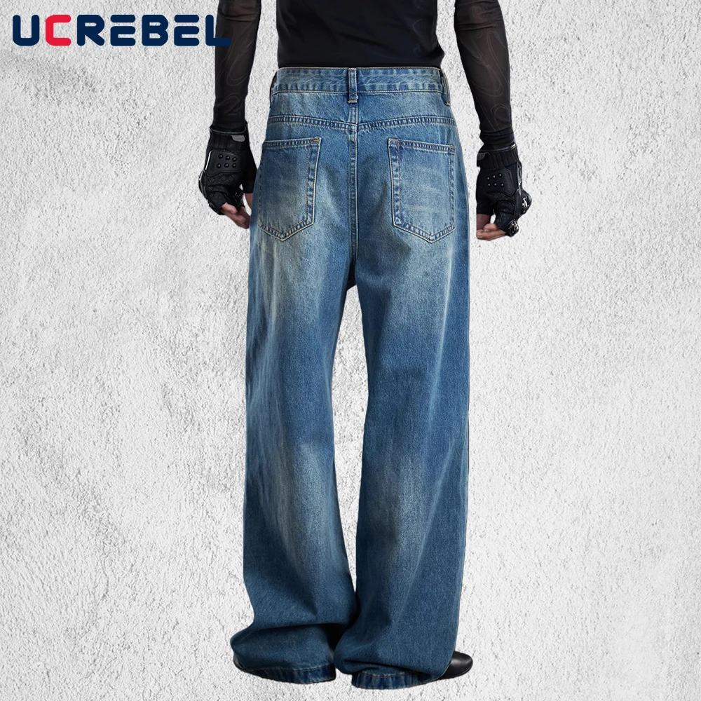 High Street Jeans Mens with Rivets Retro Washed Distressed Straight Baggy Wide Leg Denim Pants Man