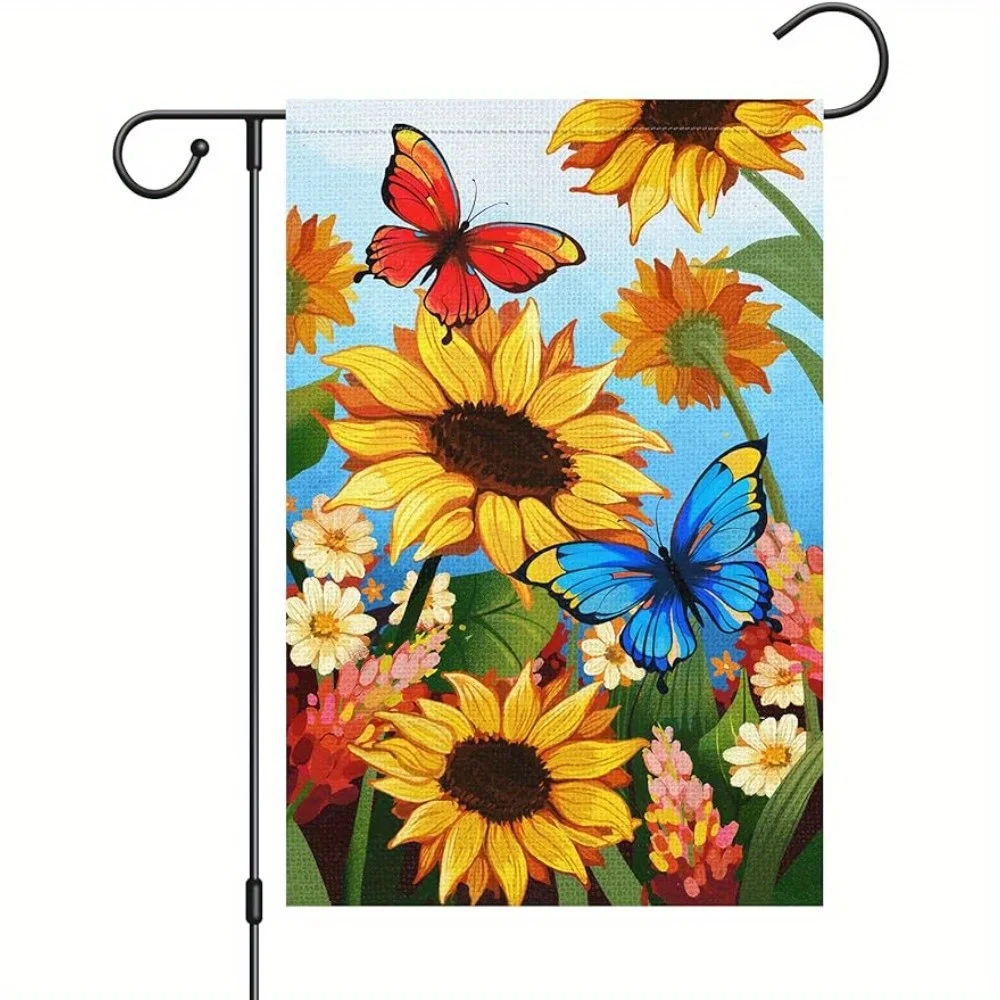 1pc, Welcome Summer Spring Floral Garden Flag, 12x18in Double Sided Garden Flag, Burlap Small Vertical Sunflower Butterfly Garde