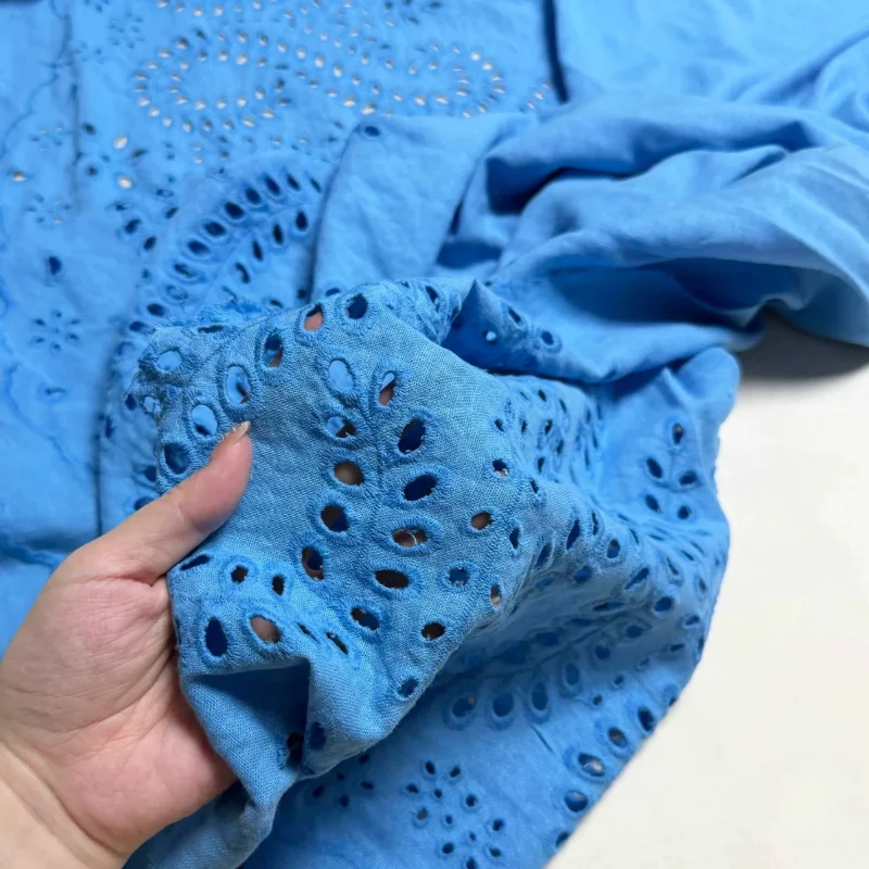 Skin Friendly Blue Embroidery Lace Hollow Out Fabric Sand Washed Linen Spring Summer Breathable Dress Handmade DIY Home Material view 5