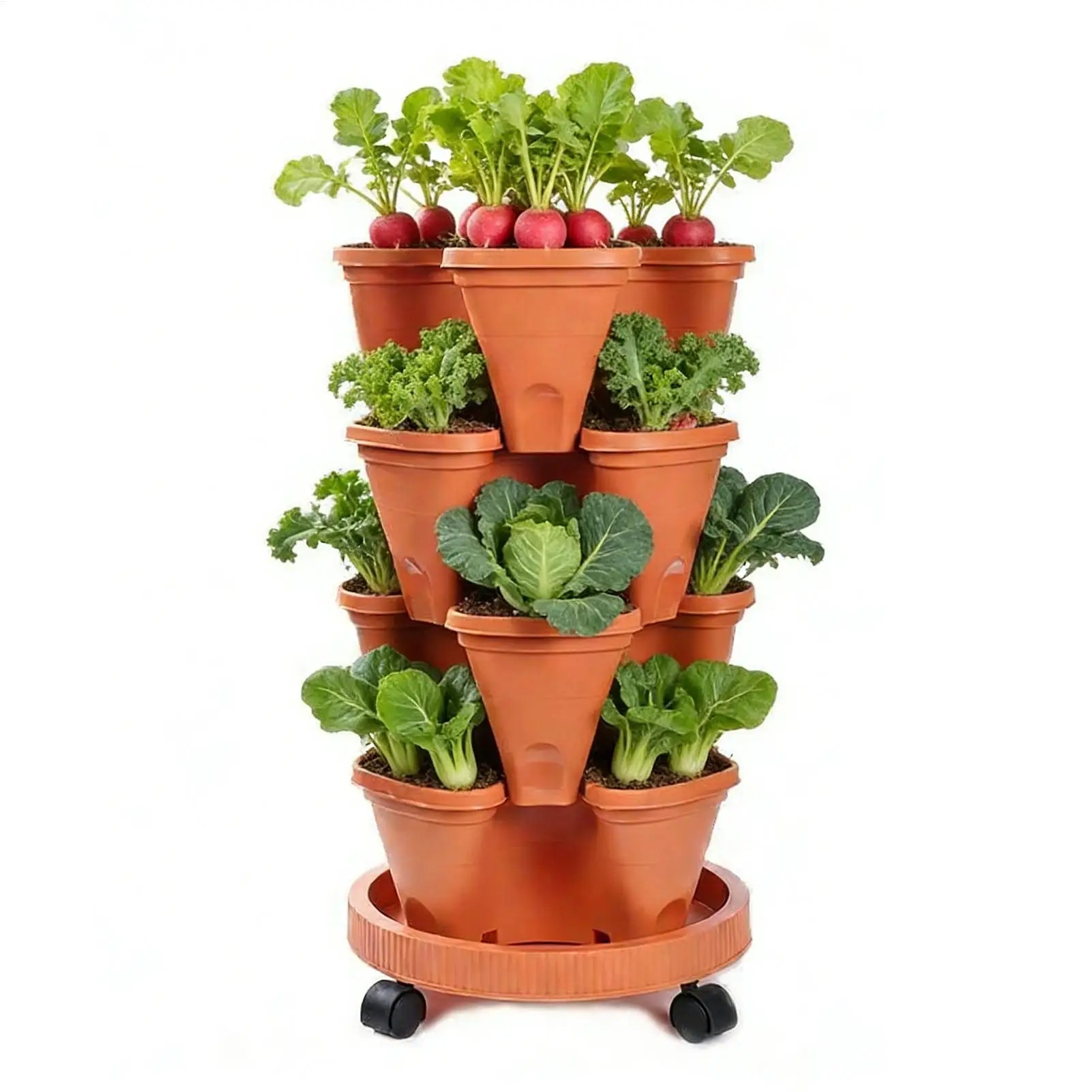 

Четырехуровневая штабелируемая подставка для растений, вертикальная стойка для посадки, башня для выращивания клубники, цветочные горшки с автоматическим дренажем и передвижными колесиками