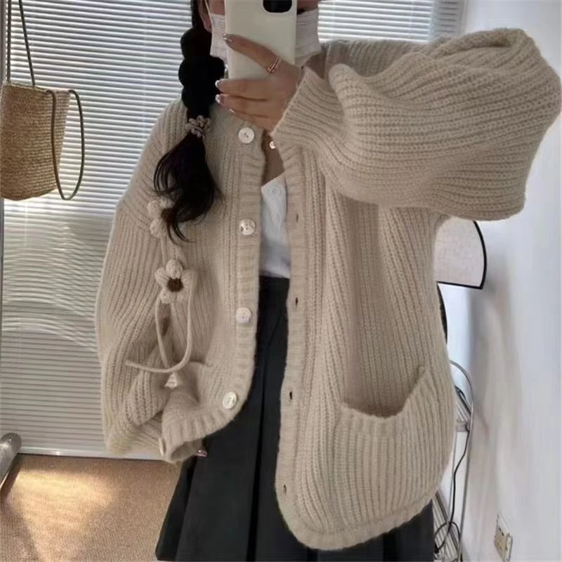 Gidyq Korean Women Cardigan Sweater Autumn Fashion Designed Flower Loose Knitted Coats Casual Female Preppy Style Jacket New