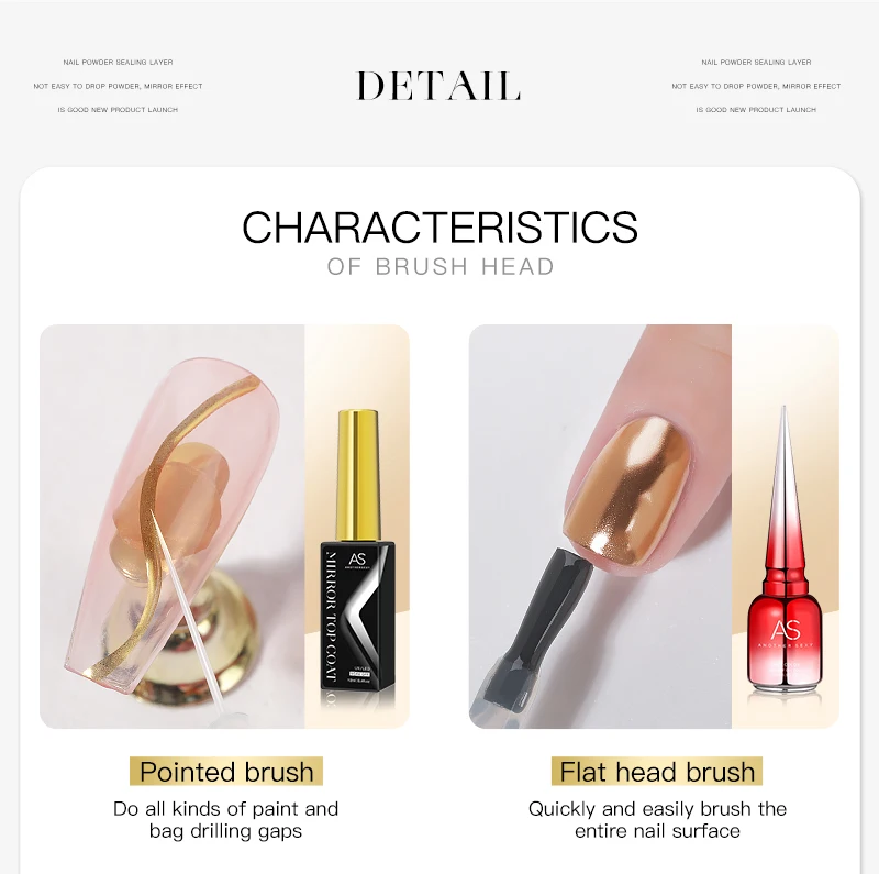 AS Professional 8ml Chrome Mirror Powder Top Coat UV Gel Varnish Semi Permanent Nail Polish Gold Silver Mirror Glitter Powder