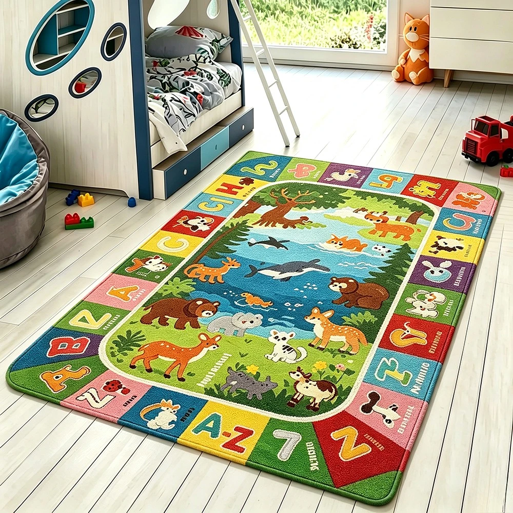 Area Rug Educational Learning Alphabet Animal World Map Print Decorative Floor Carpet for Living Room Playroom Home Decoration