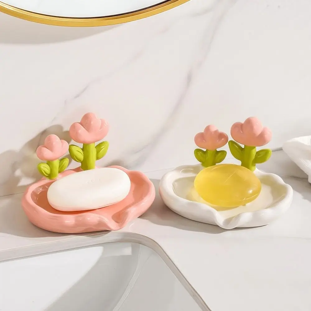 Tulip Design Drain Soap Dish No Drilling Required Anti-slip Soap Tray with Drainage Trough Solid Color Soap Storage Rack